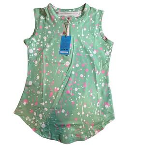 Proud 90 Womens XS Sleeveless Golf Polo Top Mint Green Pink Splatter Quarter Zip